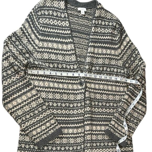 J.JILL Long Fair Isle Bounce Cardigan Singe Button Charcoal Heather Oatmeal Med - Picture 9 of 13